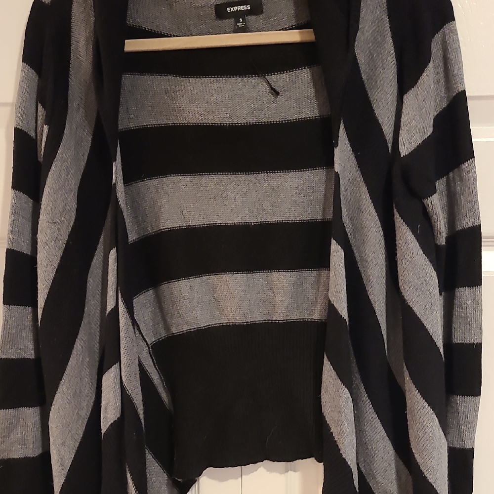 Express Women's Black and Gray Striped Cardigan